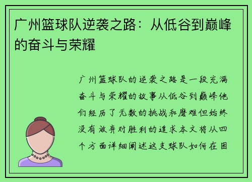 广州篮球队逆袭之路：从低谷到巅峰的奋斗与荣耀